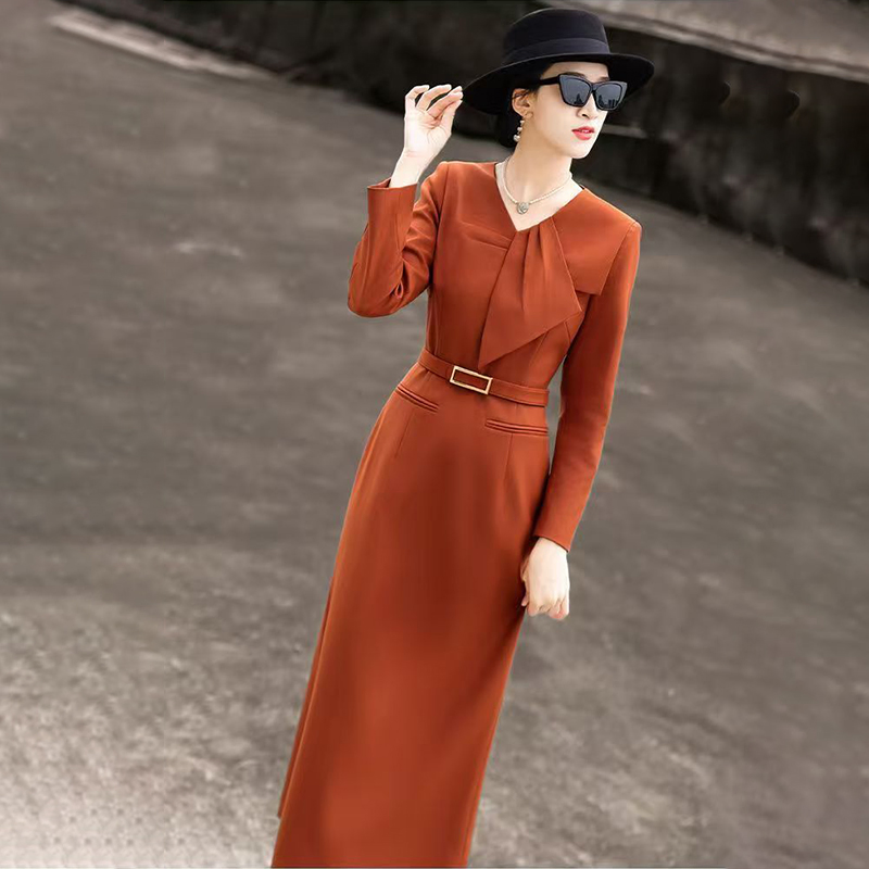 Novo Estilo Elegante Vestido Casual de Negócios Feminino de Manga Longa Laranja Corte Reto