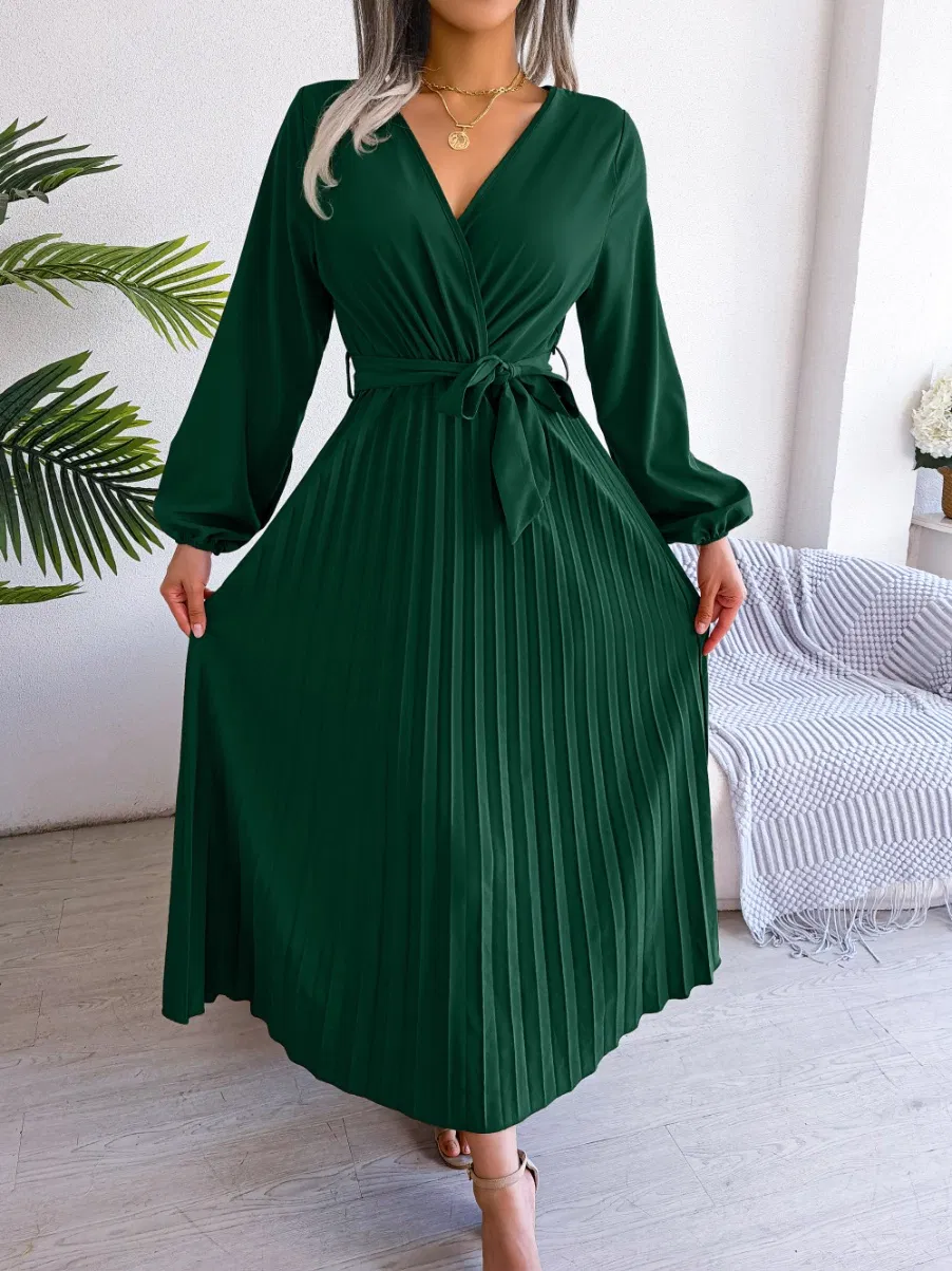 Novo Vestido Feminino de Manga Longa com Decote em V, com Cinto Amarrado e Plissado em Cor Sólida para Roupas Casuais Elegantes, Mercado de Moda da Europa, França e Itália