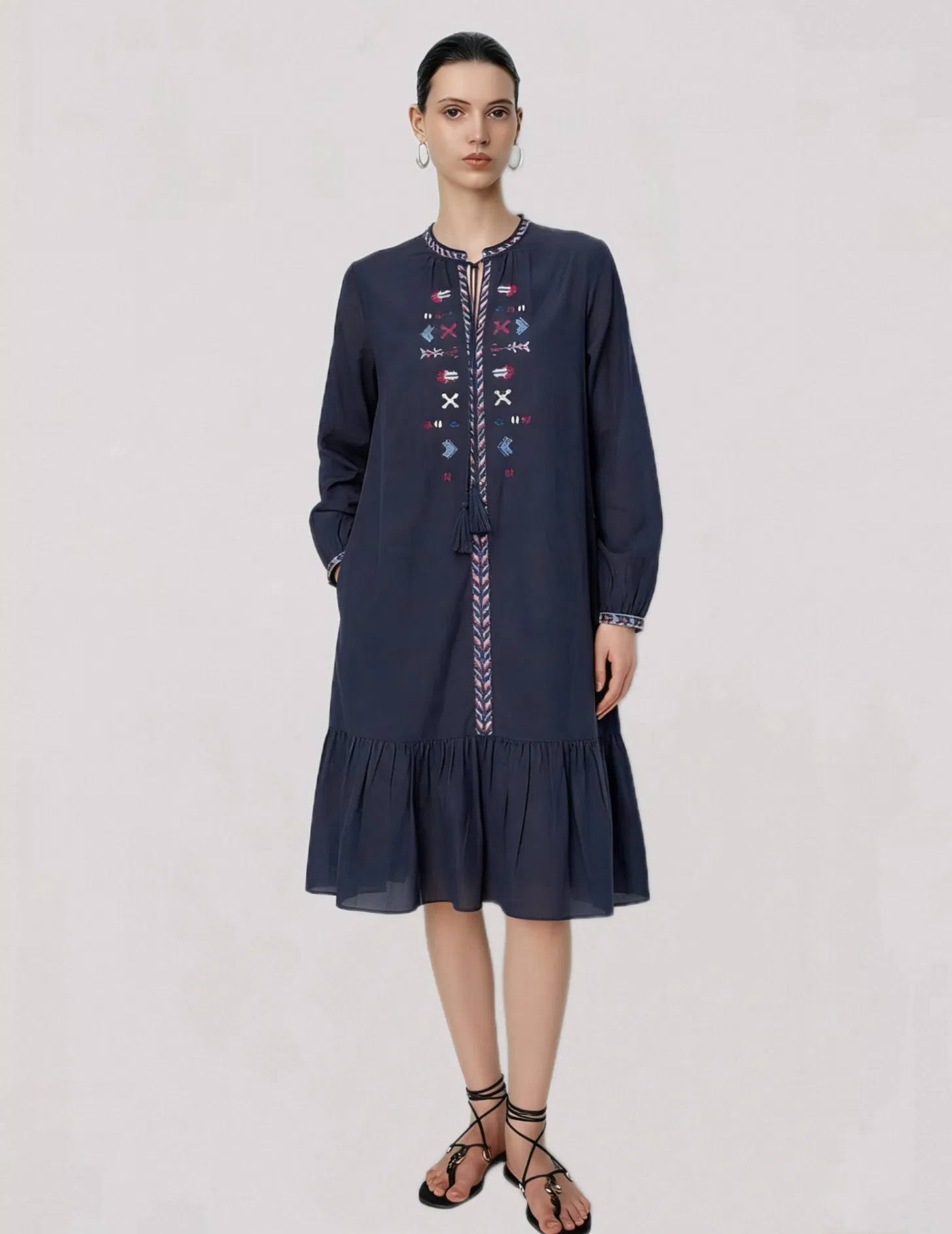 Vestido Casual Elegante de Manga Longa para Mulheres com Bordado de Fábrica OEM