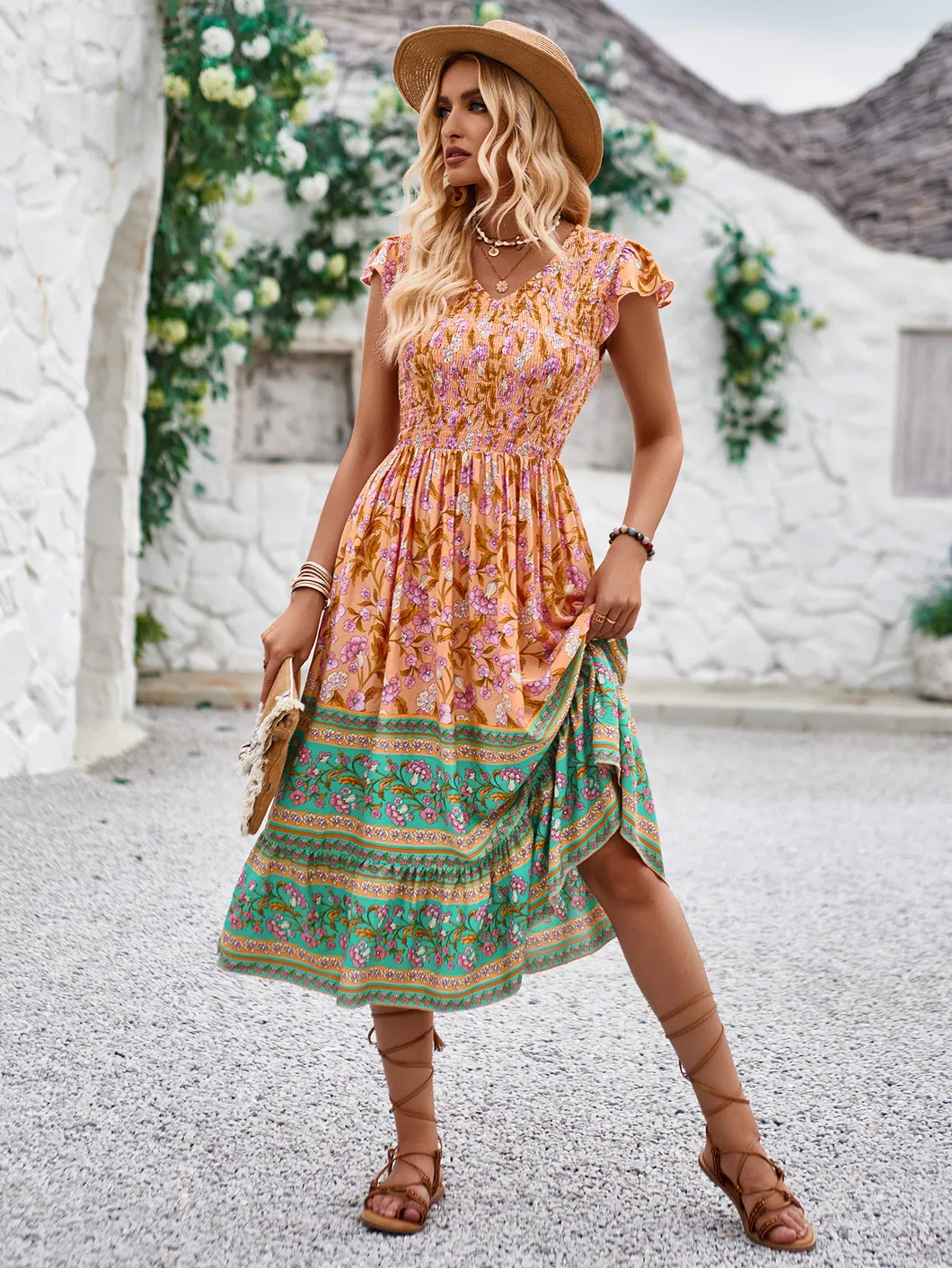 Vestido Casual Primavera Verão Estilo Fresco Estampado Decote em V Manga Voando Estilo Boho