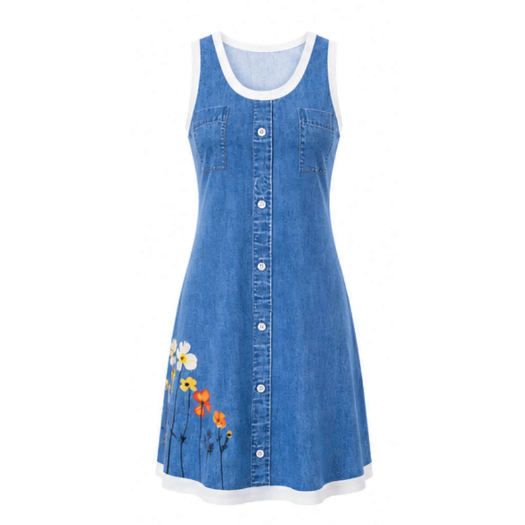 Vestido Mini Sem Mangas de Denim para Mulheres com Padrão Floral, Bolso, Bordas Brancas, Casual, Diário, Personalizado