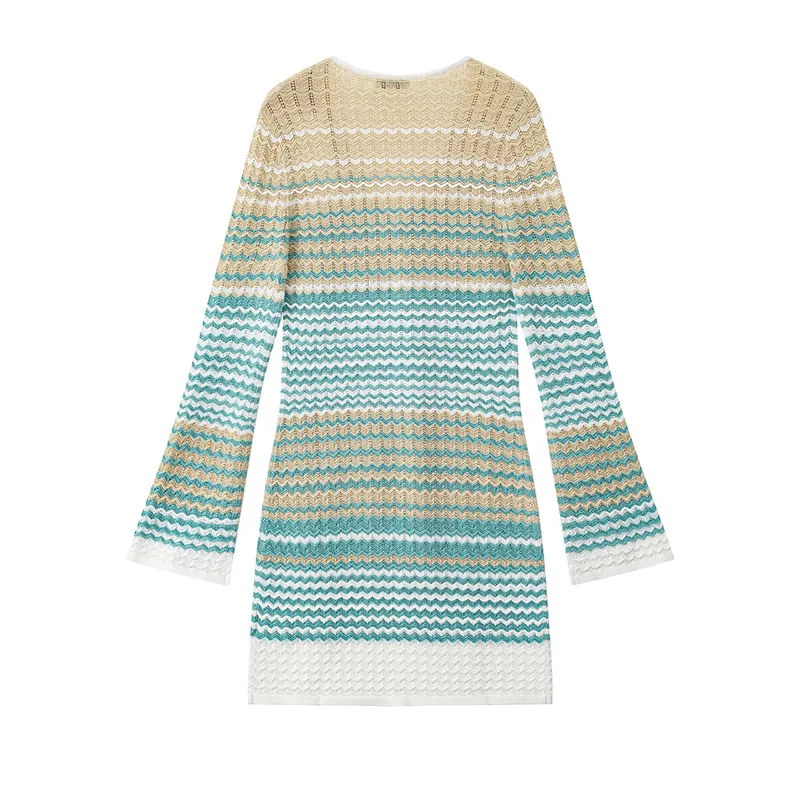 Vestido MIDI de Tricô Oco Listrado com Manga Longa e Decote em V