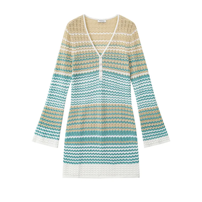 Vestido MIDI de Tricô Oco Listrado com Manga Longa e Decote em V