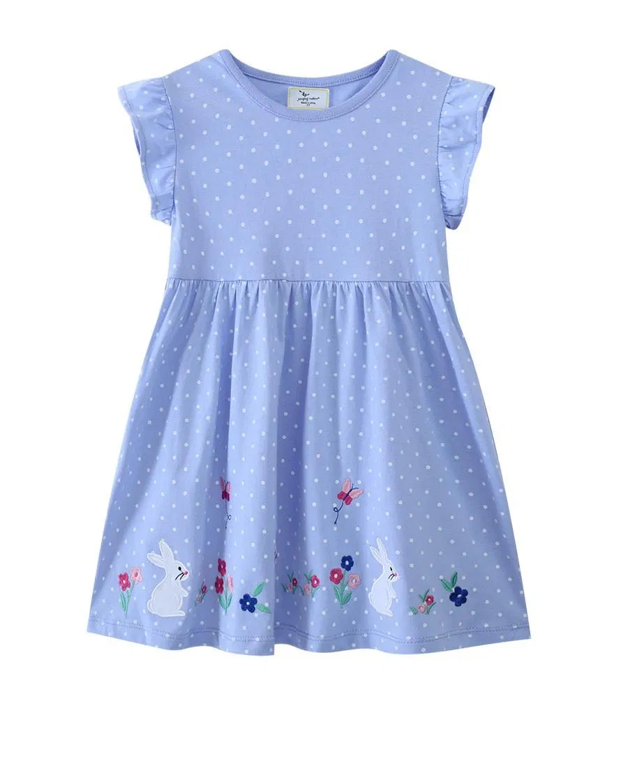 Vestido Infantil Estilo Europeu e Americano com Mangas Curtas em Algodão Puro, Tricotado, Bordado, Saia Casual de Princesa
