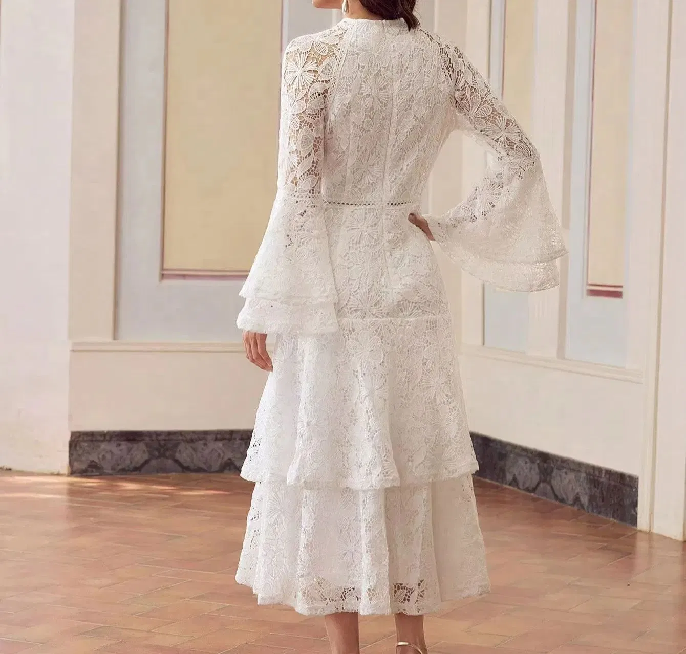 2025new Vestido Elegante de Manga Longa em Renda, Vestido Curto com Decote, Cintura Alta, Vestidos Casuais Brancos para Mulheres