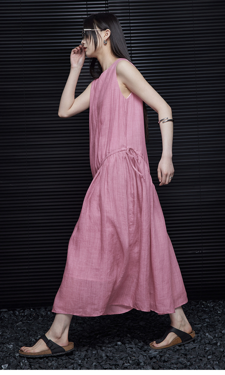 Vestido Maxi Flowy de Linho Puro Sem Mangas Rosa Envelhecido, Vestido Casual de Linho para Mulheres com Renda Diagonal