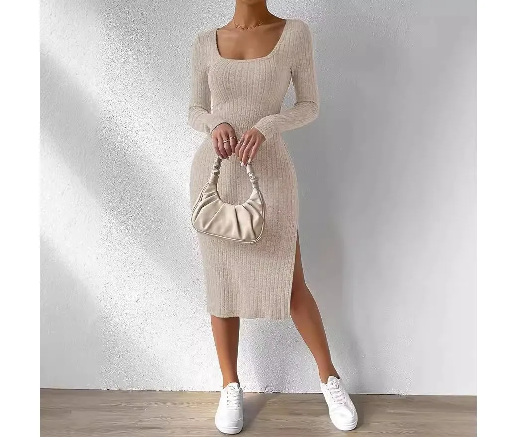 Americano Europeu Popular 2025spring Verão Novo Vestido Longo de Malha com Fenda de Manga Comprida e Gola Redonda Estilo Casual Justo Feminino