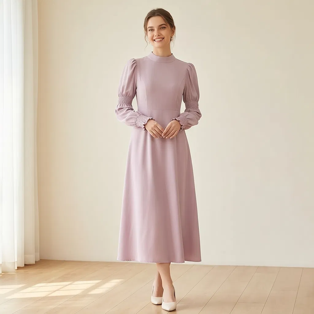 Vestido Midi Casual Elegante Modesto de Cor Sólida com Decote Alto, Mangas Bufantes e Elástico em Lavanda Enfumaçada para Mulheres