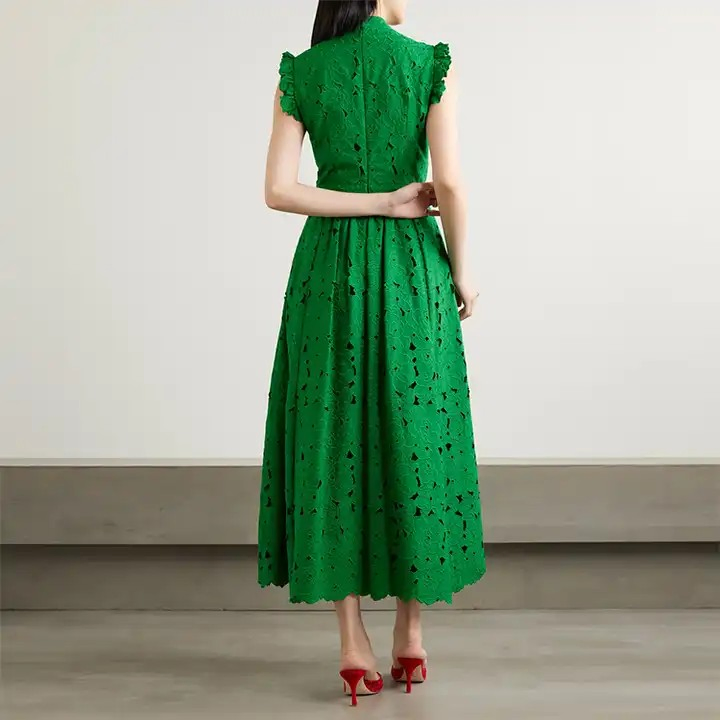 Fabricante Atacadista Vestido Midi Casual Elegante Sem Mangas de Algodão com Renda Verde Personalizado para Mulheres na Primavera Verão