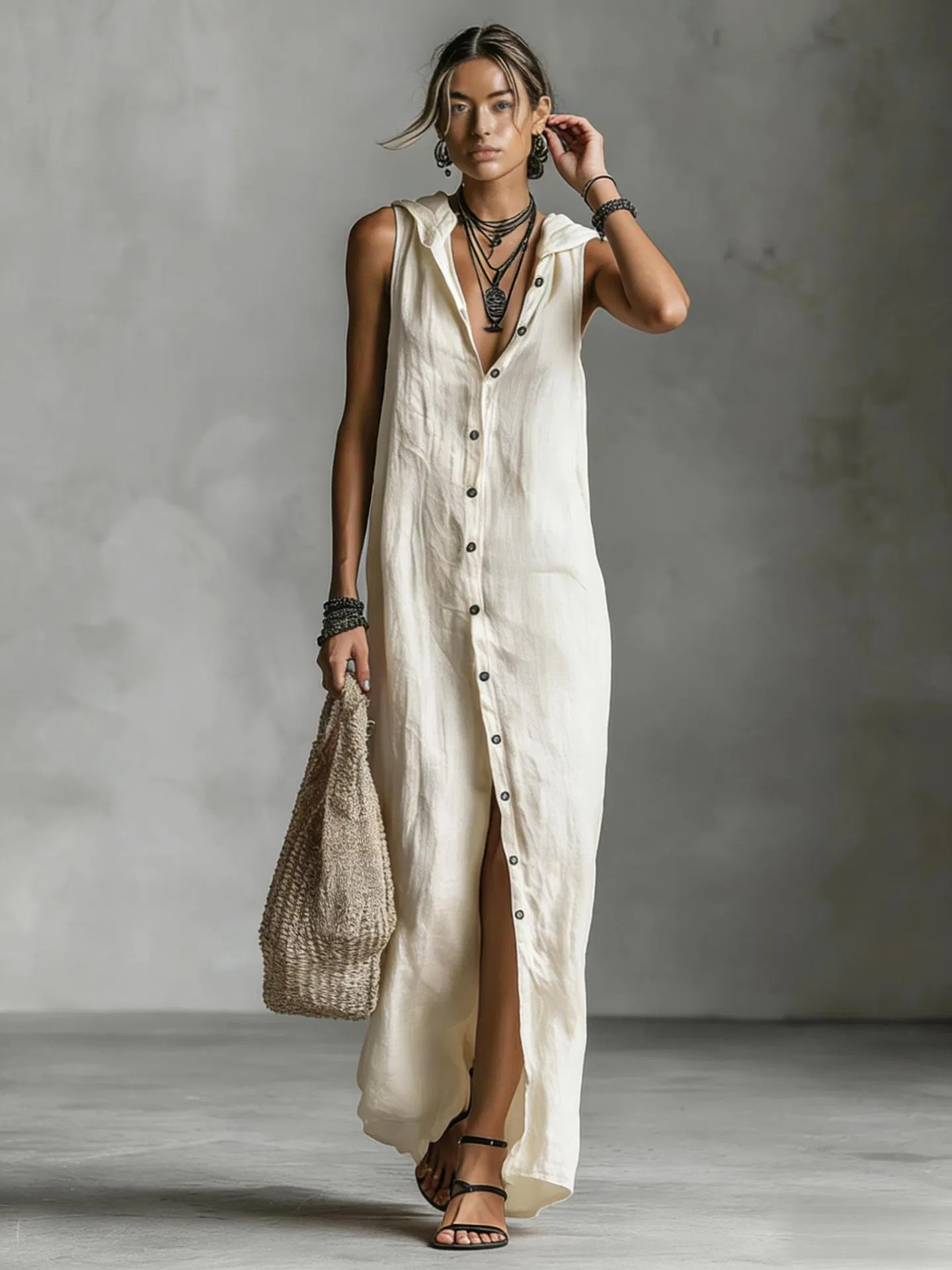 Vestido maxi sem mangas com capuz e botões na frente para mulheres