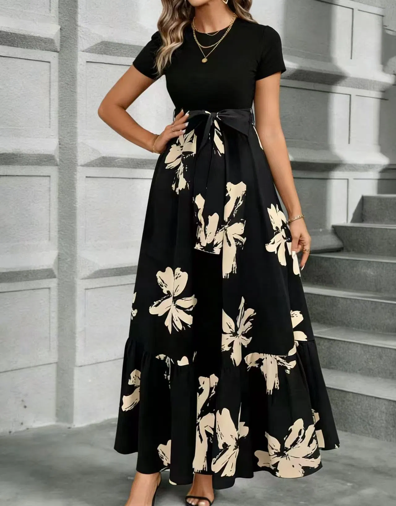 Vestido Casual Longo com Estampa Floral, Top com Recortes e Cinto na Cintura para Mulheres