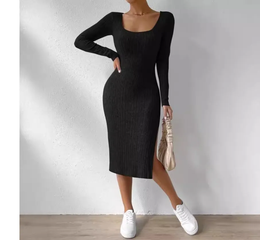 Americano Europeu Popular 2025spring Verão Novo Vestido Longo de Malha com Fenda de Manga Comprida e Gola Redonda Estilo Casual Justo Feminino