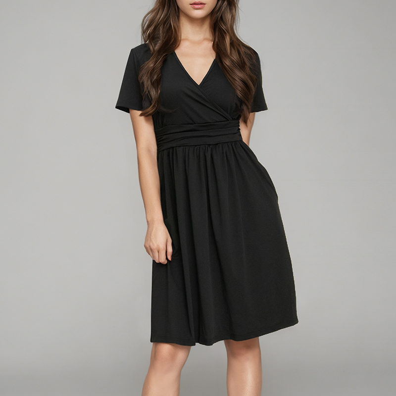 Vestido Casual de Manga Curta, Solto, Decote em V, Envolvente, Comprimento até o Joelho