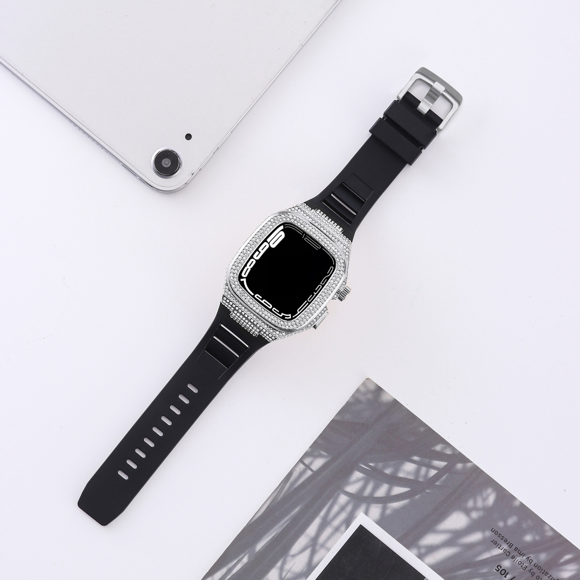 Luxury Silicone Strap Metal Diamond Watch case Mod Kit for Apple Watch Series 8 9 45mm Watch Band and case Package Box