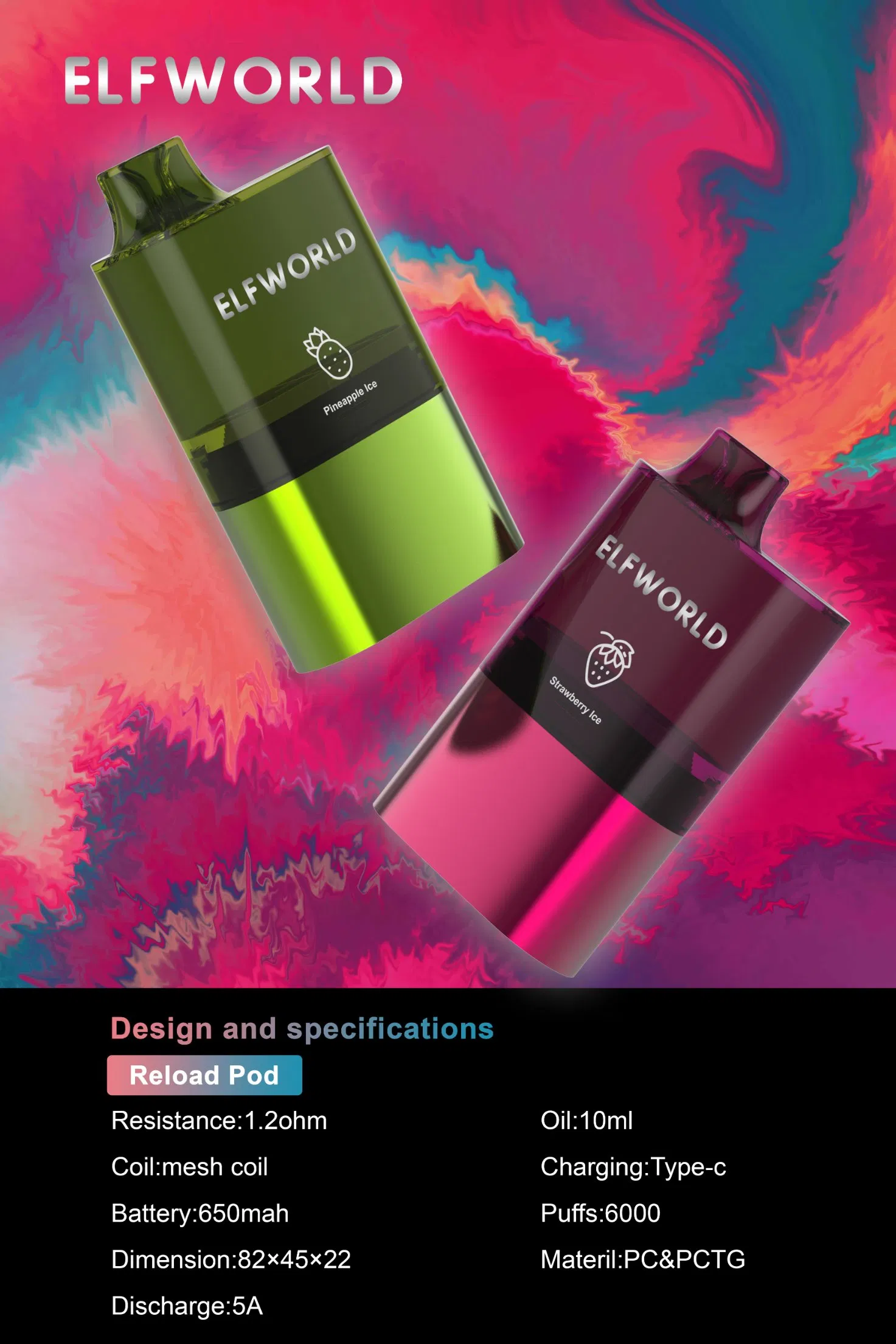 Cheaper Vaper Refreshing Hookah Elfworld Reload 6000 Replaceable Pod Kit Disposable Vape 6000 Puffs 0/2/3/5% Nicotine 12ml E-Liquid Fruity Flavor Vape Pen