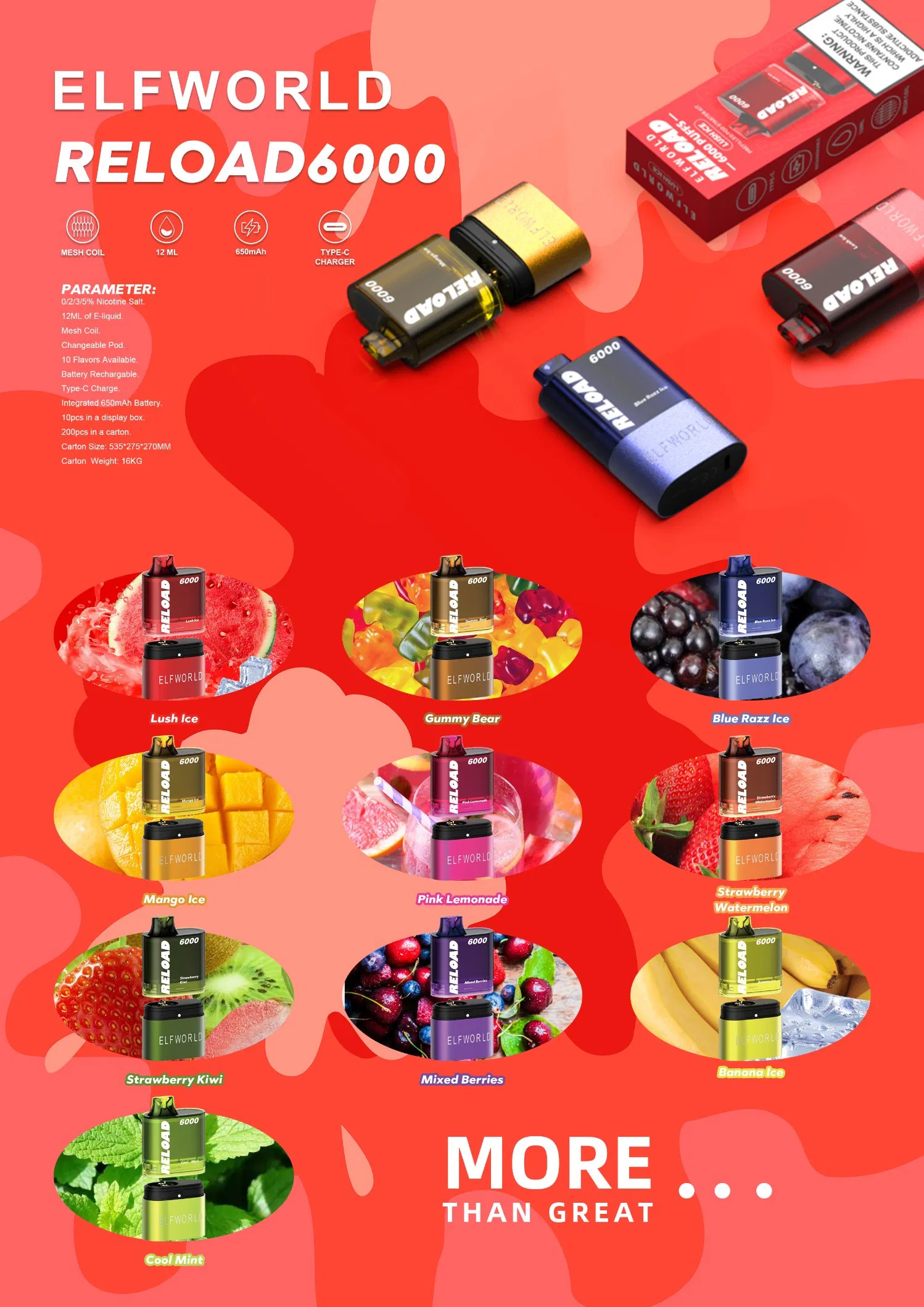 Cheaper Vaper Refreshing Hookah Elfworld Reload 6000 Replaceable Pod Kit Disposable Vape 6000 Puffs 0/2/3/5% Nicotine 12ml E-Liquid Fruity Flavor Vape Pen