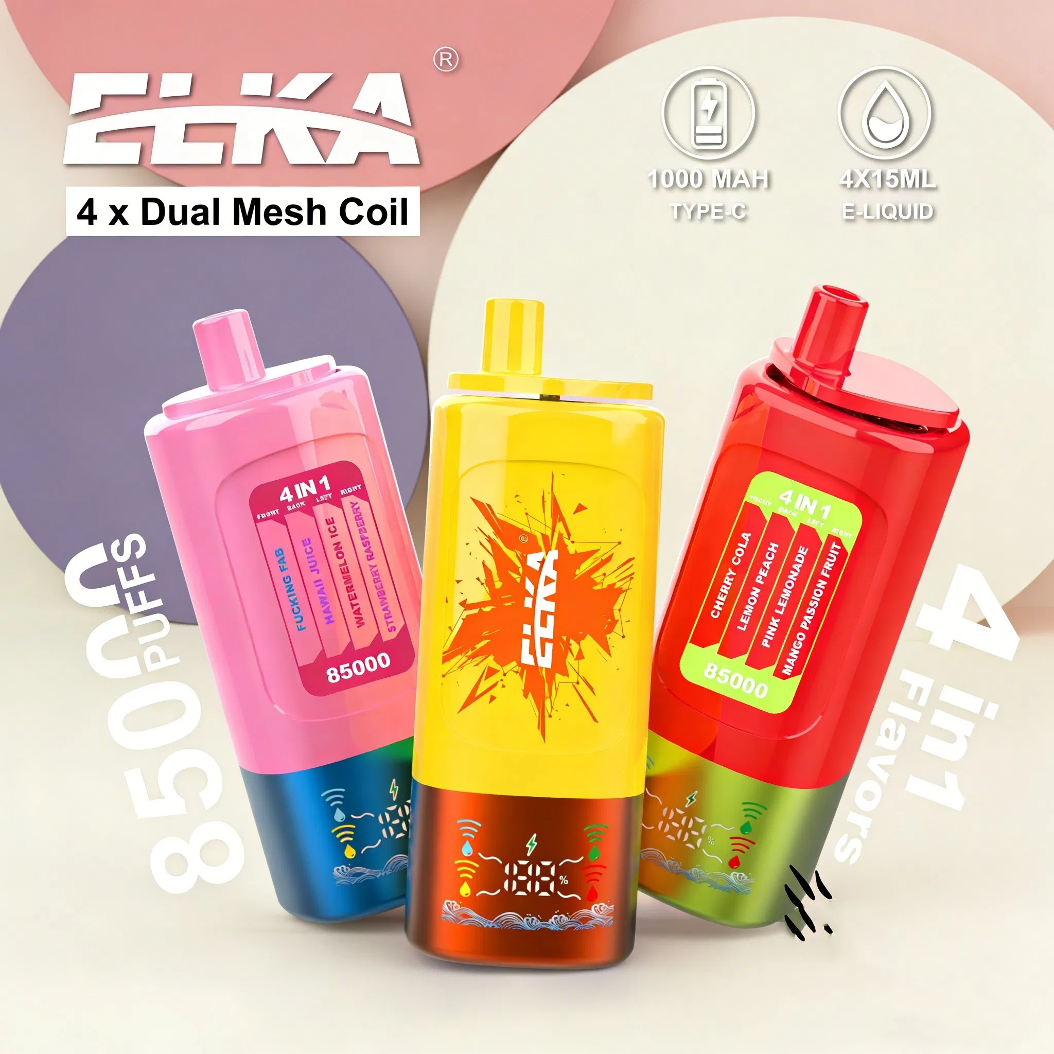 Spain Best Seller Elka 4in1 85000 Puffs 100K Puffs Fast Shipping 60ml E-Juice Vapor Smoke Liquid LED Display Indicate Battery Wholesale Vape Pen