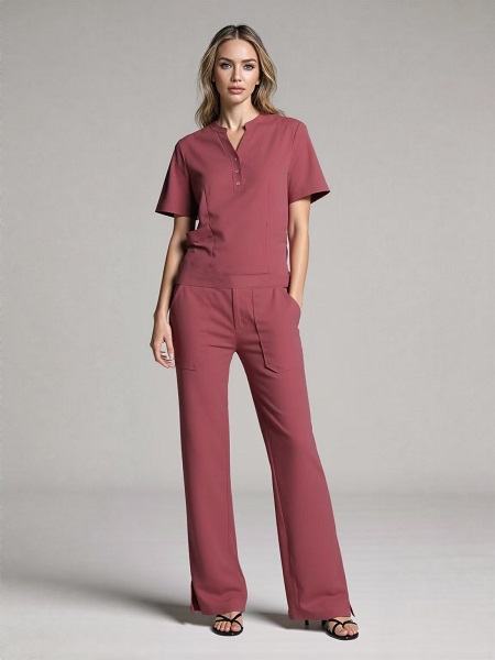 China Women's Polyester Rayon Spandex 4-way Stretch Medical Scrub Set  Mandarin Collar Fashion Top and Flare Leg Pant Supplier, Exporter