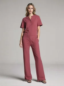 China Women's Polyester Rayon Spandex 4-way Stretch Medical Scrub Set  Mandarin Collar Fashion Top and Flare Leg Pant Supplier, Exporter
