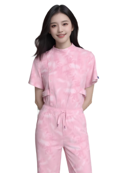 OEM Printed Stretchy Scrub Set with Mandarin Collar Top and Flared Leg Pant  Factory, Factories