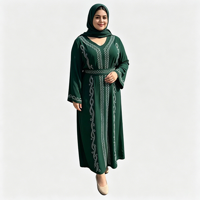 عباءة مسلمة بيضاء مطرزة جديدة بتصميم على شكل حرف V، مزينة عند الخصر بأكمام واسعة، فستان ماكسي بحجم زائد، فستان طويل للحفلات اليومية للنساء السعوديات