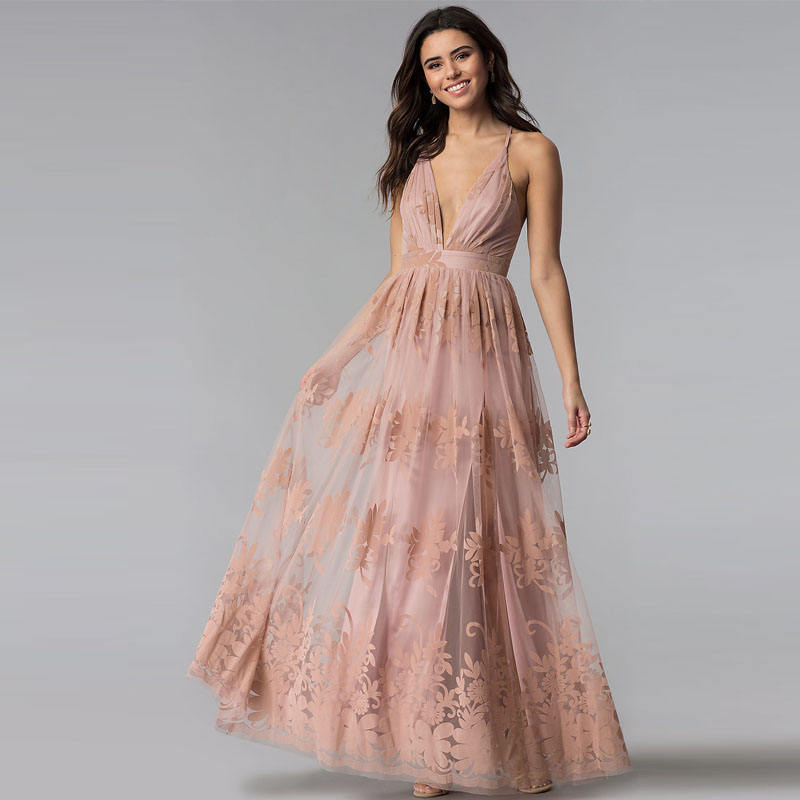 Deep V Spaghetti Strap Flocked Tulle Maxi Gown High Waist A-Line Bridesmaid Muslim Wedding Dress OEM Custom
