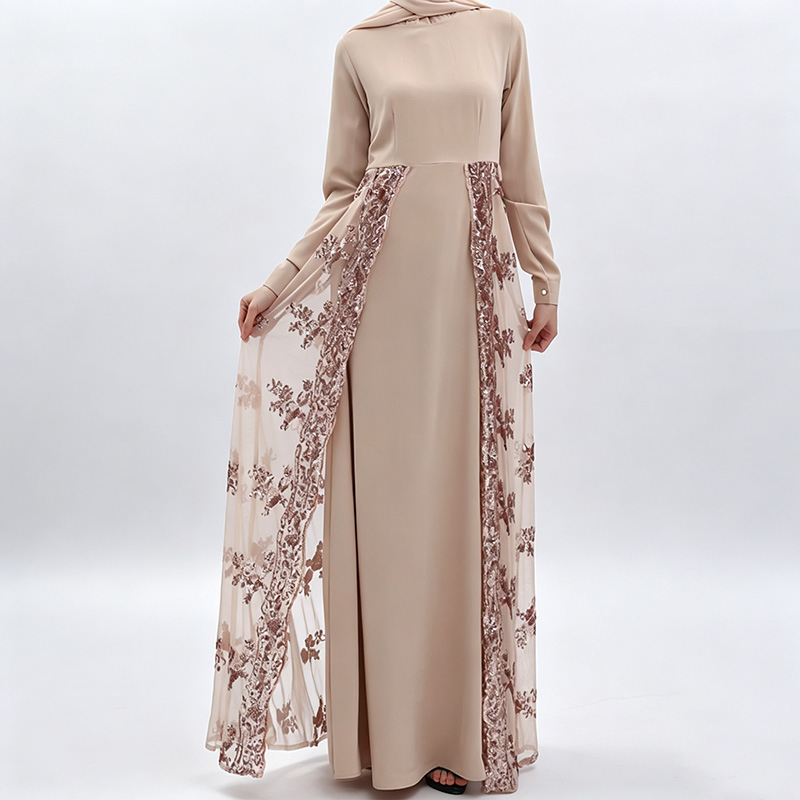 Light Apricot Sequin Mesh Overlay Abaya, Panel Embroidery Muslim Formal Maxi Dress, Banquet Prayer Jilbab Thobe OEM