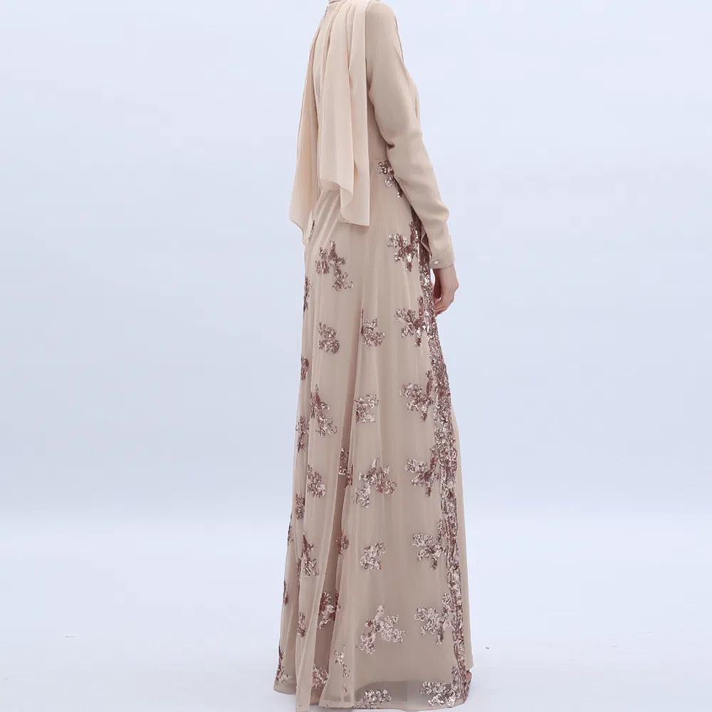 Light Apricot Sequin Mesh Overlay Abaya, Panel Embroidery Muslim Formal Maxi Dress, Banquet Prayer Jilbab Thobe OEM