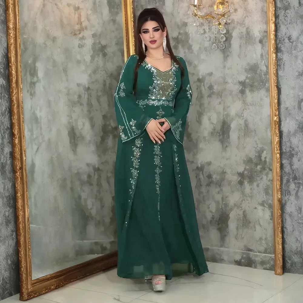 عباءة شيفون سوداء مزينة بالكامل بالخرز، فستان ماكسي بأكمام واسعة ومخصر للنساء المسلمات، فستان رسمي لحفلات الزفاف في الشرق الأوسط، جلباب بحجم زائد