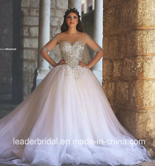 فستان زفاف كروي عربي منتفخ بأكمام تول شفافة مزين بالكريستال Ar2017