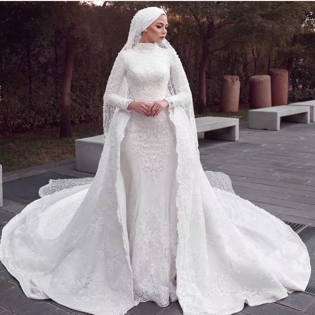 فساتين زفاف مسلمة بأكمام طويلة وتنورة إضافية من الدانتيل والتول Z9015