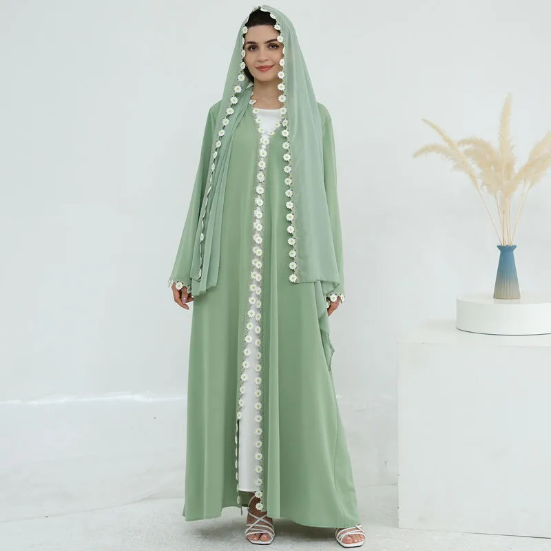 Light Pink 3D Floral Trim Open Abaya Set