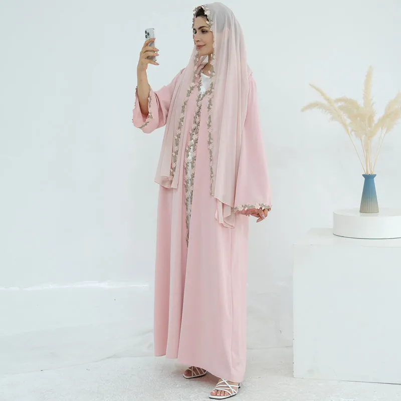 Light Pink 3D Floral Trim Open Abaya Set