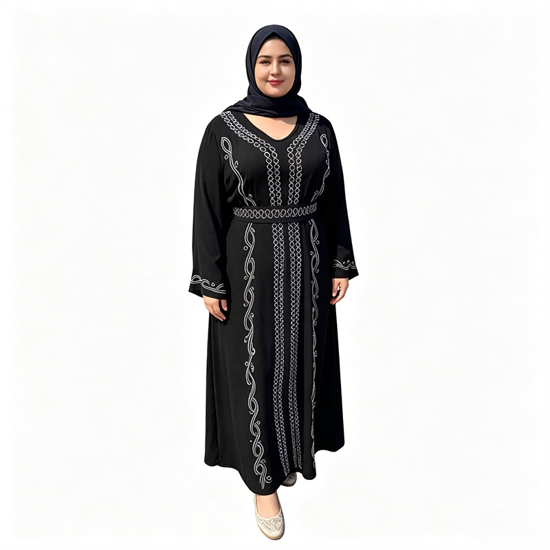 عباءة مسلمة بيضاء مطرزة جديدة بتصميم على شكل حرف V، مزينة عند الخصر بأكمام واسعة، فستان ماكسي بحجم زائد، فستان طويل للحفلات اليومية للنساء السعوديات