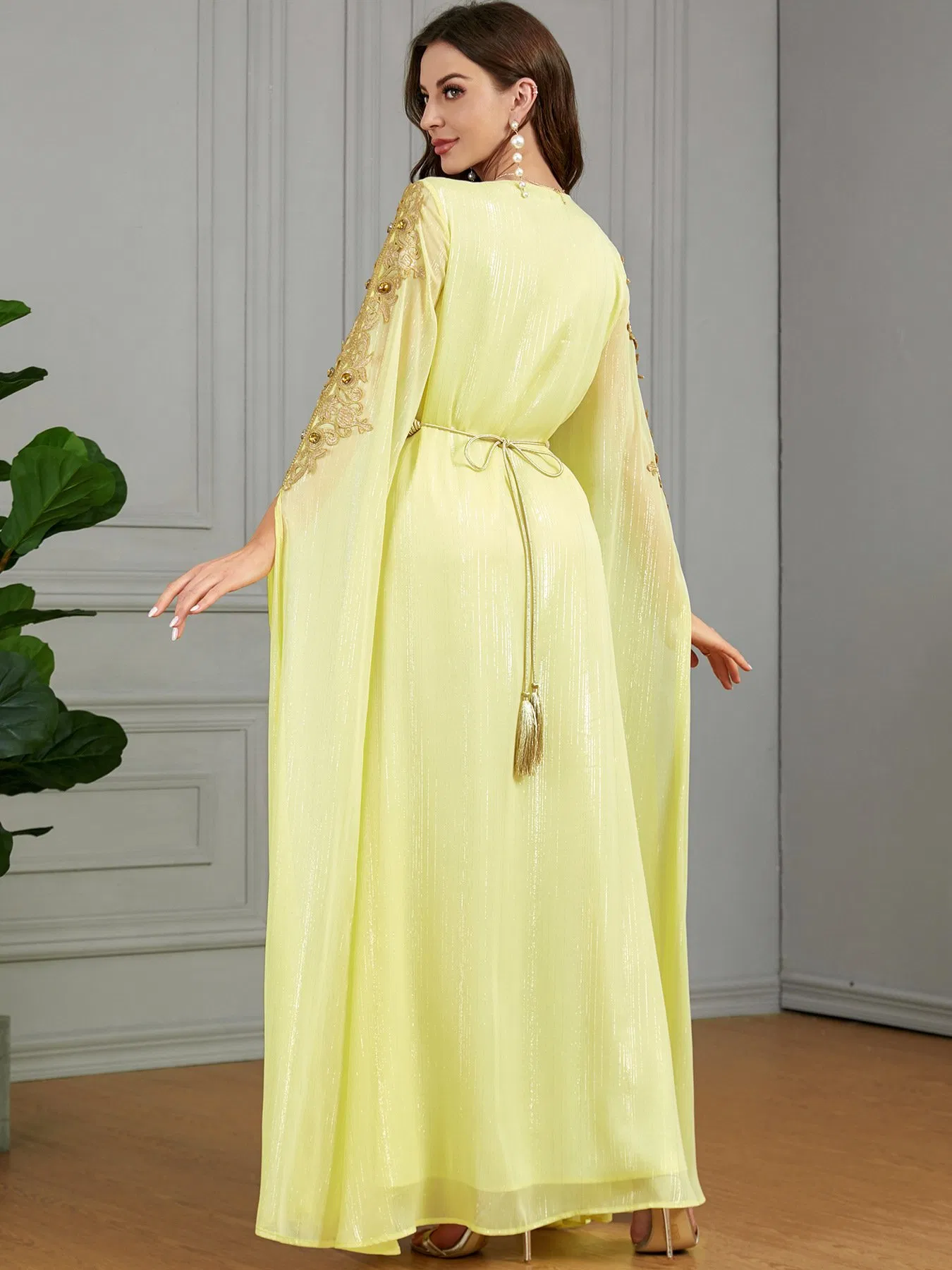 فستان كفتان بأكمام باتوينغ مزين بالدانتيل الذهبي والأحجار الكريمة، مع حزام خصر، فستان ماكسي للنساء المسلمات، فستان طويل لحفلات الزفاف العربية والمناسبات المسائية