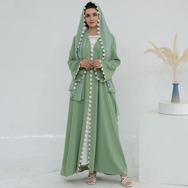 Light Pink 3D Floral Trim Open Abaya Set Chiffon Hijab 2PCS Muslim Eid Long Dress OEM Custom