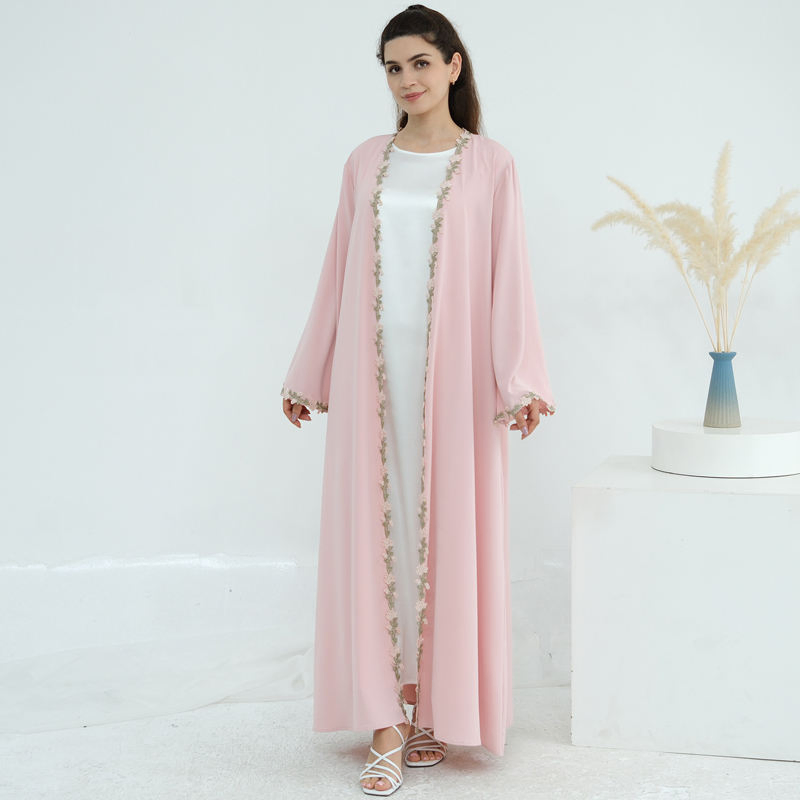 Light Pink 3D Floral Trim Open Abaya Set Chiffon Hijab 2PCS Muslim Eid Long Dress OEM Custom