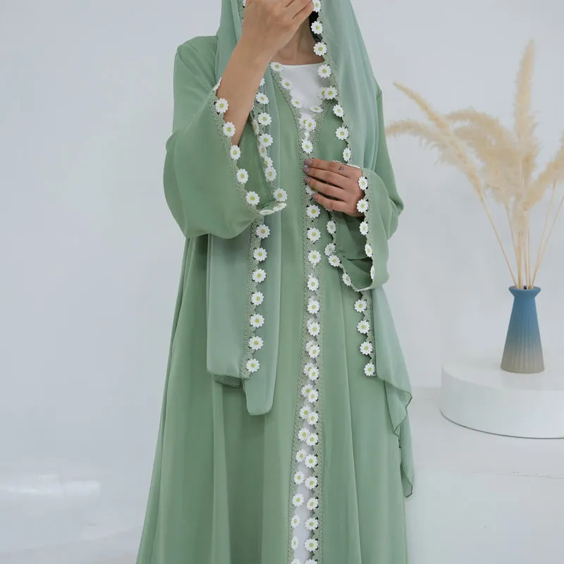 Light Pink 3D Floral Trim Open Abaya Set
