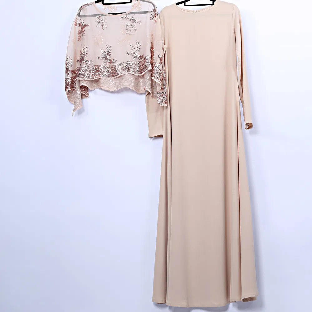 Light Apricot Sequin Mesh Overlay Abaya
