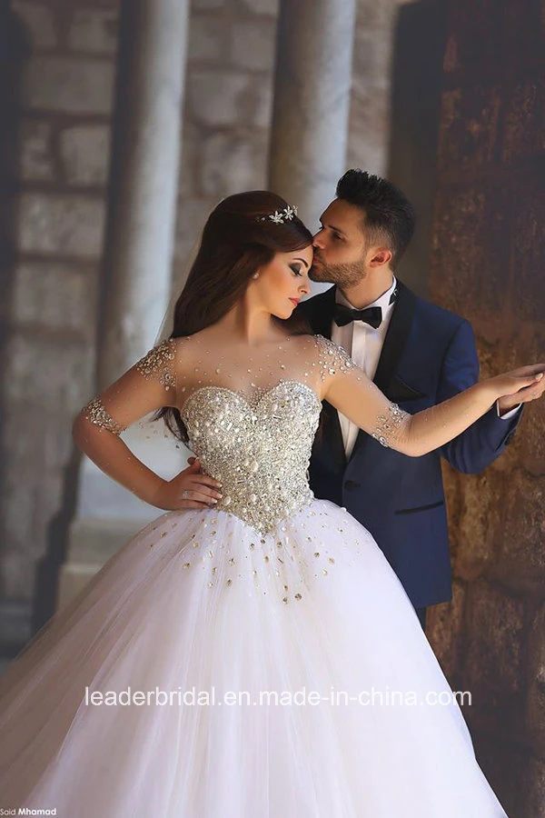 فستان زفاف كروي عربي منتفخ بأكمام تول شفافة مزين بالكريستال Ar2017