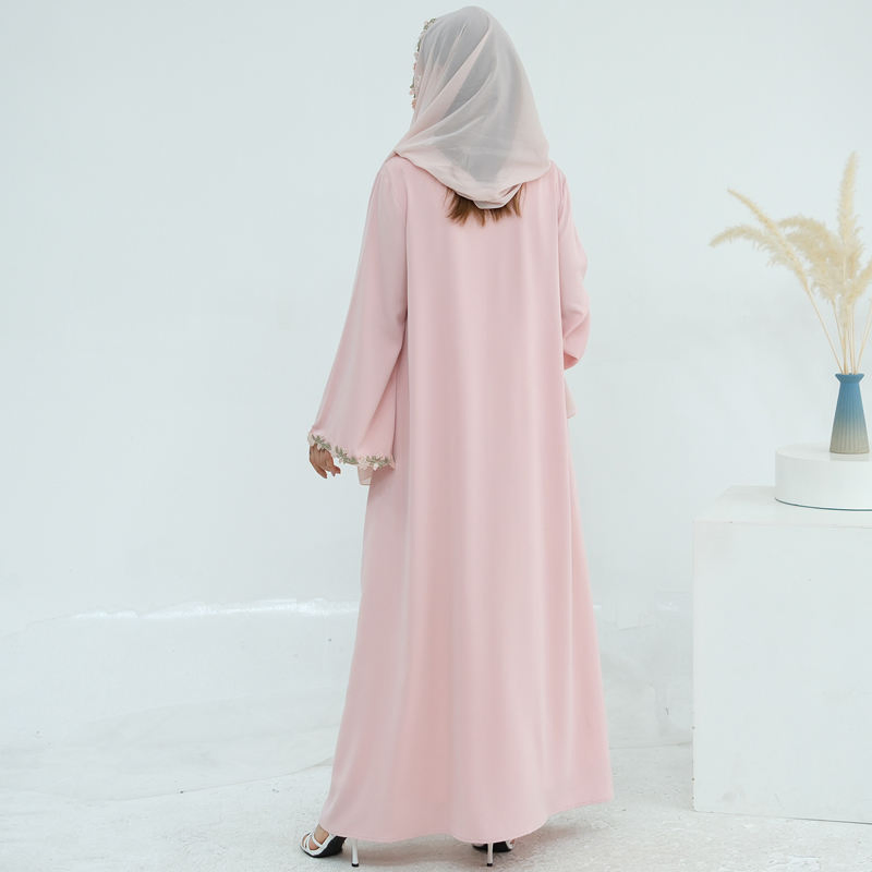 Light Pink 3D Floral Trim Open Abaya Set Chiffon Hijab 2PCS Muslim Eid Long Dress OEM Custom