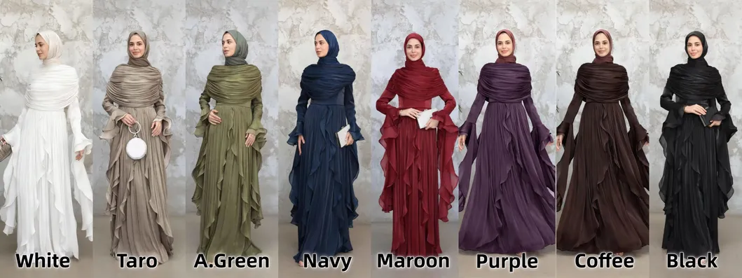 فستان عباءة نسائي أنيق مع كاب، فستان ماكسي بتفاصيل متموجة، ملابس مسائية محتشمة، فستان نسائي مسلم