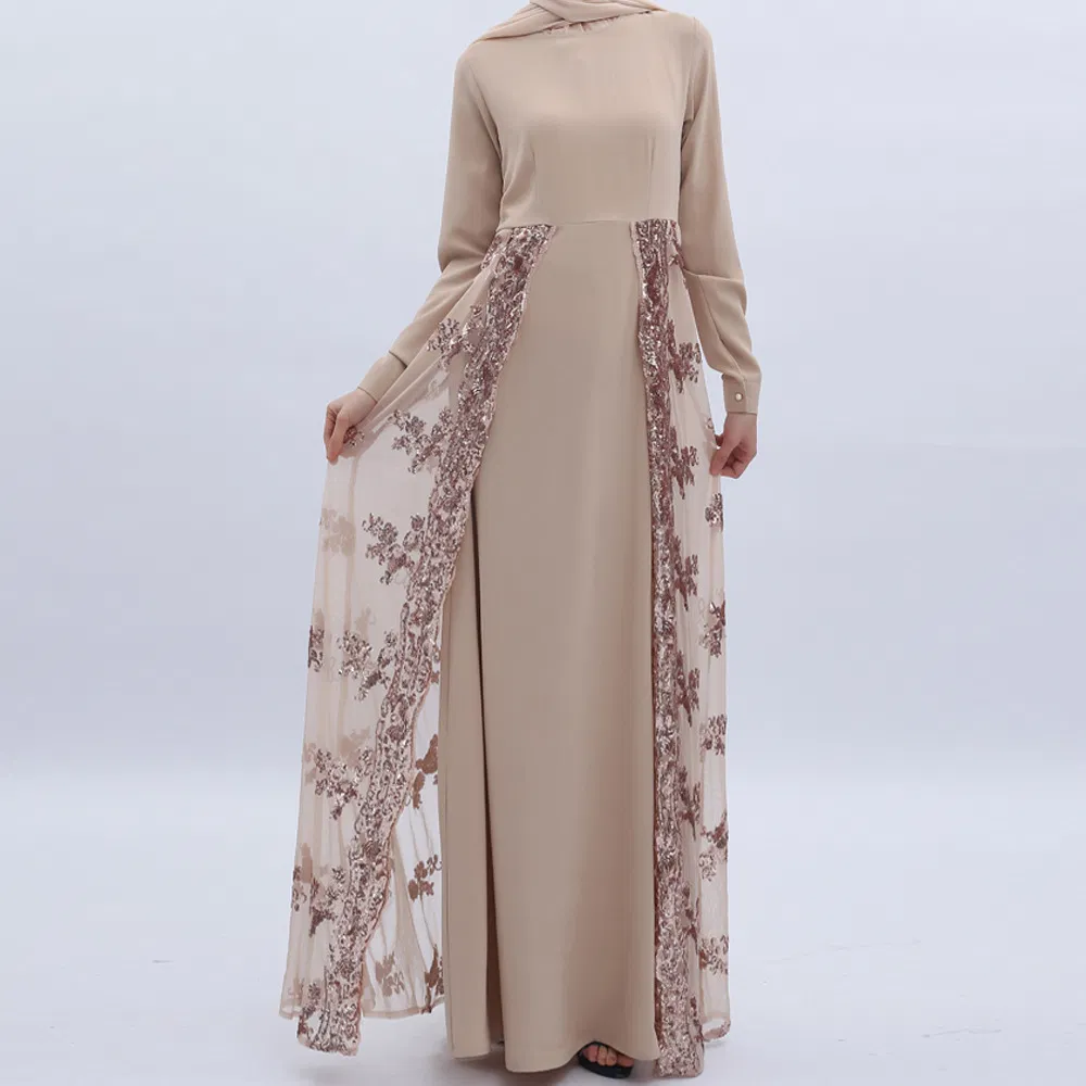 Light Apricot Sequin Mesh Overlay Abaya, Panel Embroidery Muslim Formal Maxi Dress, Banquet Prayer Jilbab Thobe OEM