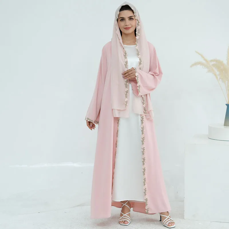 Light Pink 3D Floral Trim Open Abaya Set