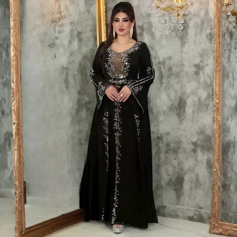 عباءة شيفون سوداء مزينة بالكامل بالخرز، فستان ماكسي بأكمام واسعة ومخصر للنساء المسلمات، فستان رسمي لحفلات الزفاف في الشرق الأوسط، جلباب بحجم زائد