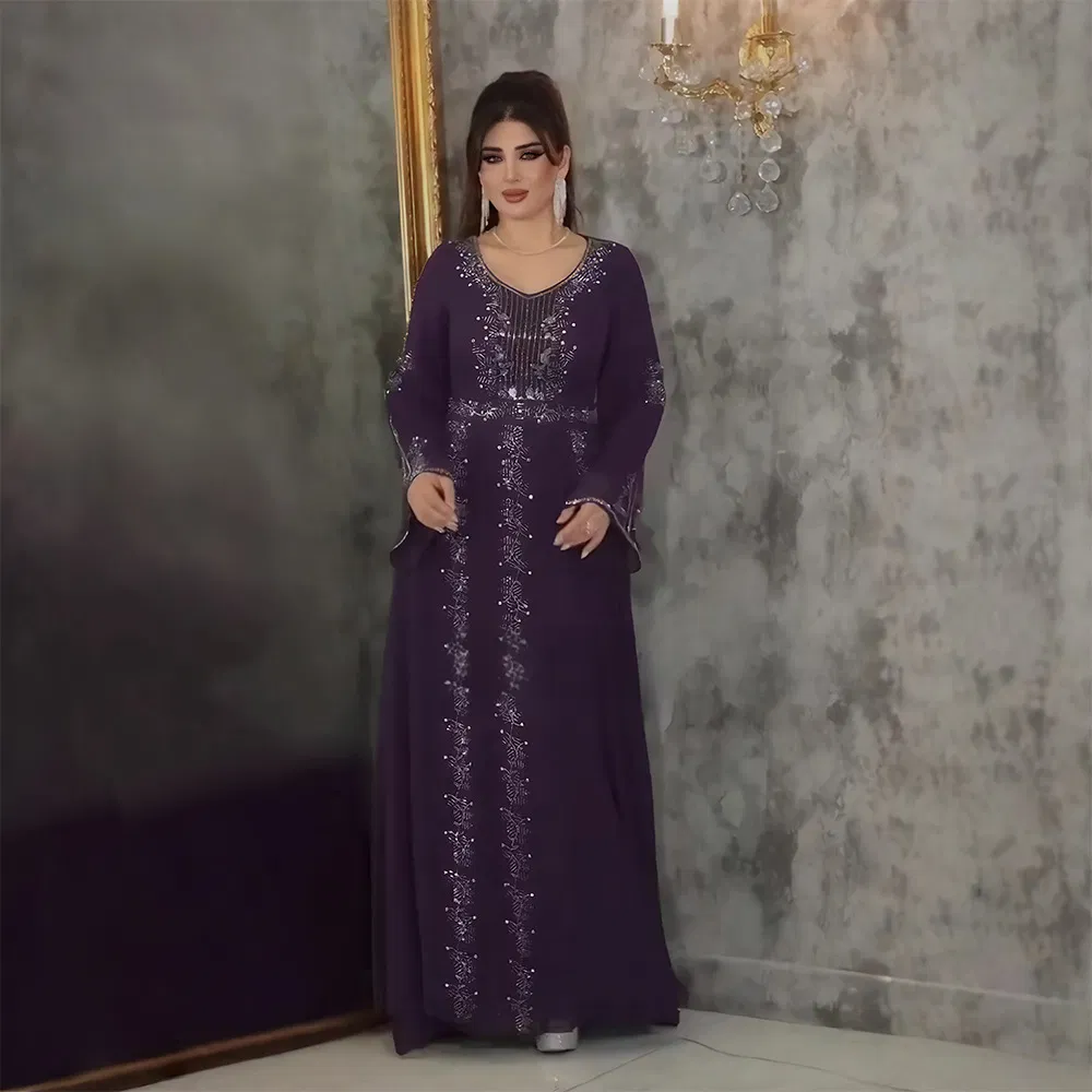 عباءة شيفون سوداء مزينة بالكامل بالخرز، فستان ماكسي بأكمام واسعة ومخصر للنساء المسلمات، فستان رسمي لحفلات الزفاف في الشرق الأوسط، جلباب بحجم زائد