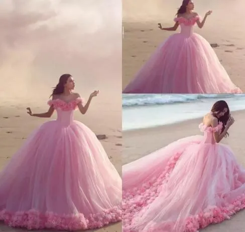 فستان زفاف منفوش من التول الوردي 3D مزين بالورود HD41