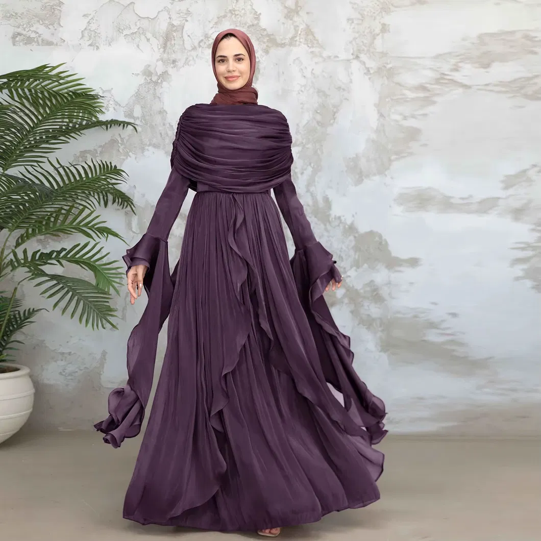 فستان عباءة نسائي أنيق مع كاب، فستان ماكسي بتفاصيل متموجة، ملابس مسائية محتشمة، فستان نسائي مسلم