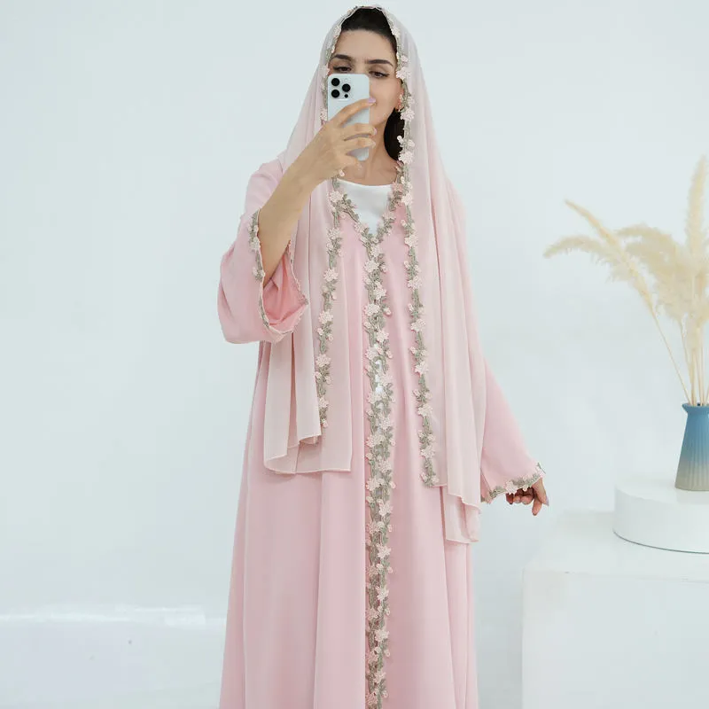 Light Pink 3D Floral Trim Open Abaya Set