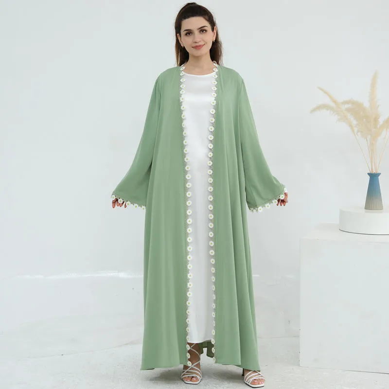 Light Pink 3D Floral Trim Open Abaya Set